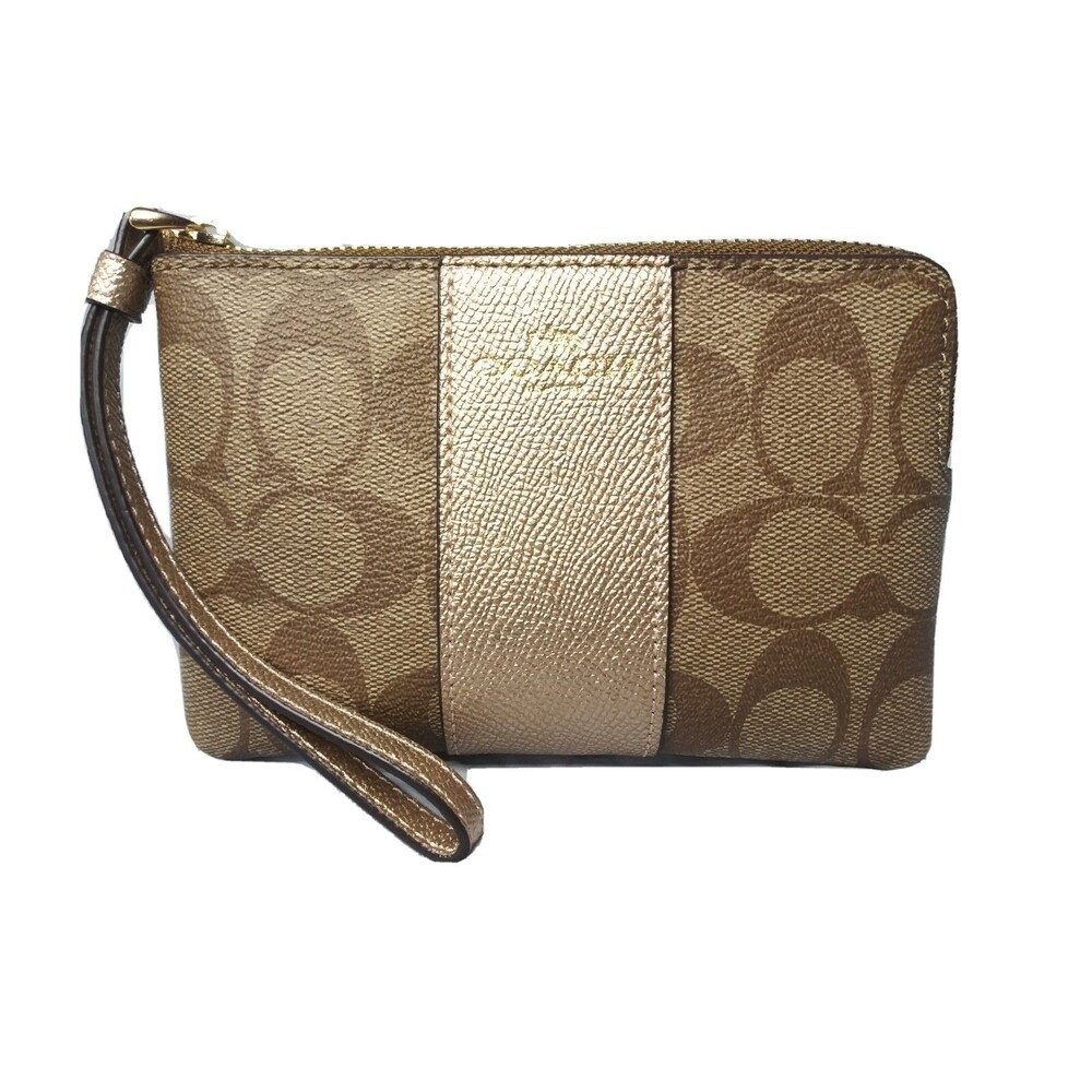 Coach Women's Coated Canvas & Leather Corner Zip Wristlet in Khaki & Gold